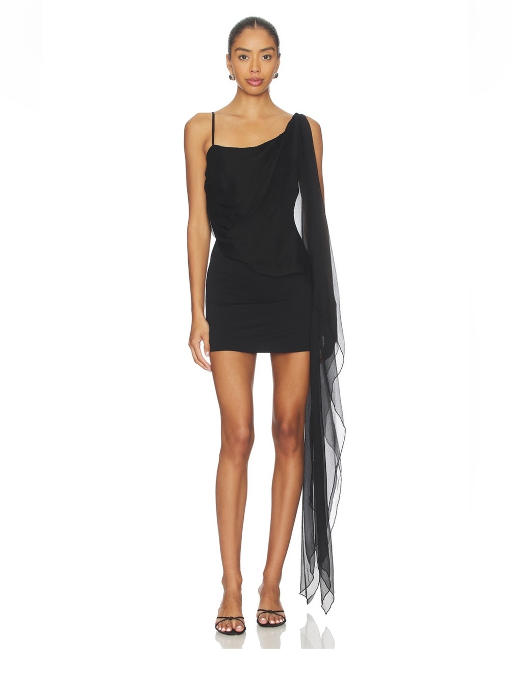 EB Denim Tara Black One-Shoulder Mini Dress with Sheer Cascading Drape